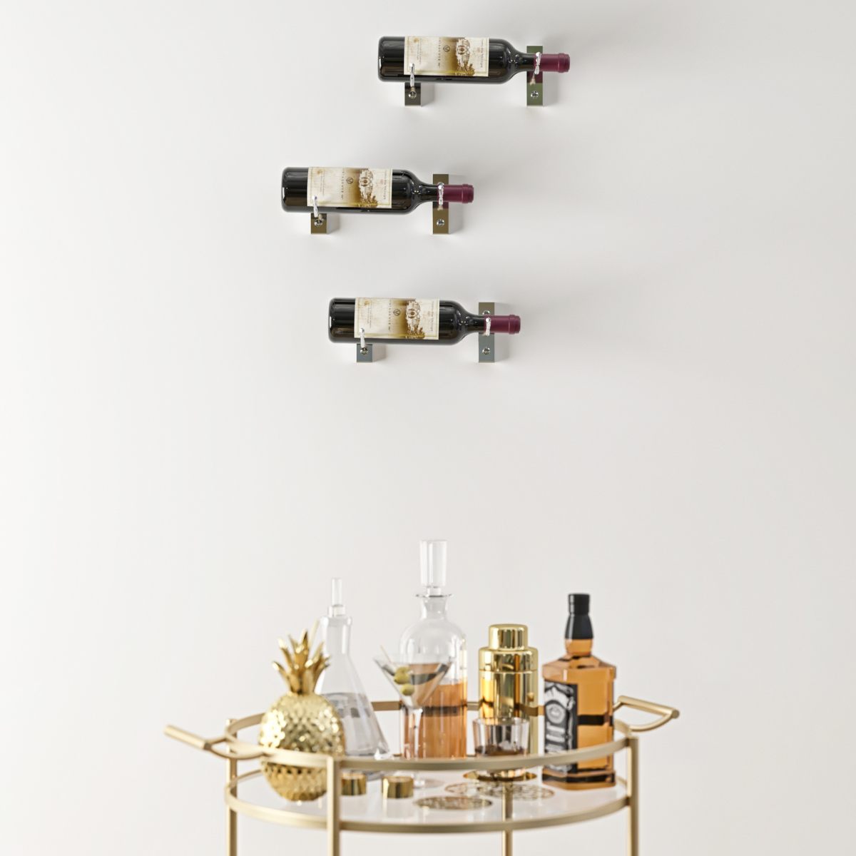 VintageView 4 inch wall mounted metal wine rack installed above a minimalist home bar with modern decor