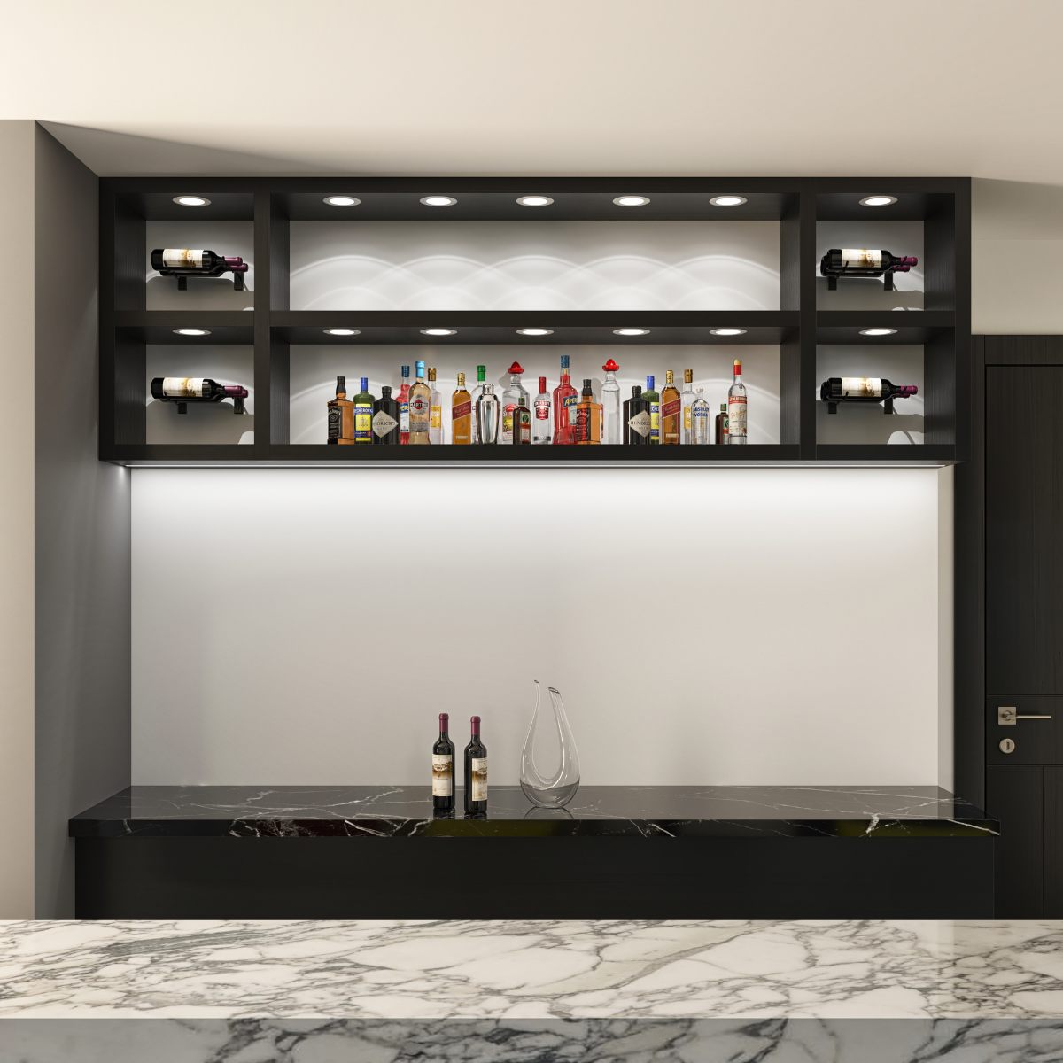 VintageView 4 inch wall mounted metal wine rack integrated into modern back bar shelving with accent lighting