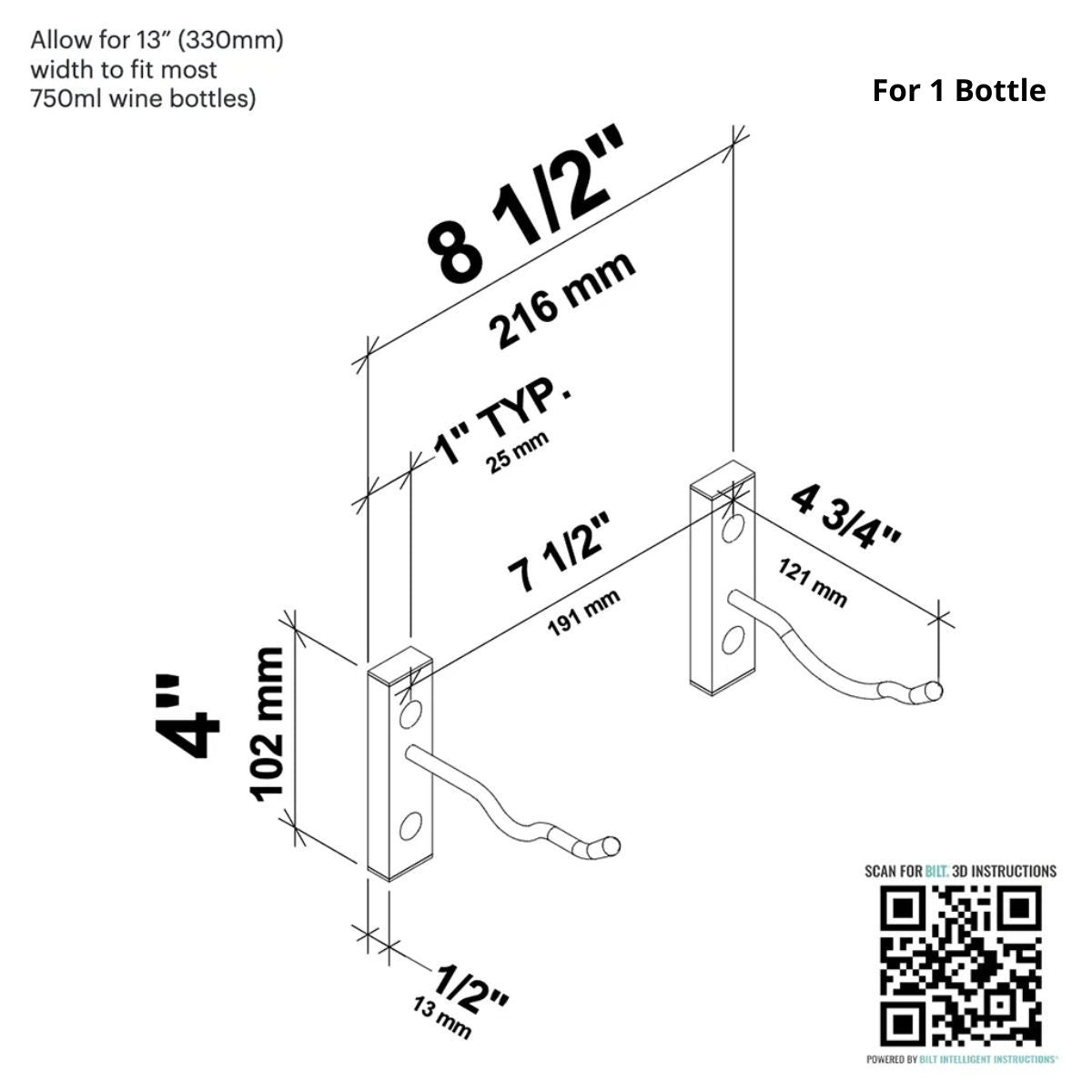 VintageView 4" Wall-Mounted Metal Wine Rack Single Deep 1 Bottle Dimensions Diagram Shown