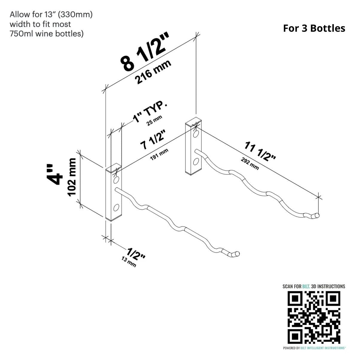 VintageView 4" Wall-Mounted Metal Wine Rack Triple Deep 3 Bottles Dimensions Diagram Shown