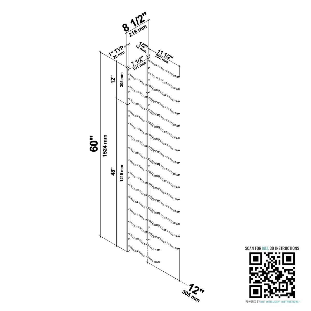 VintageView 5-Foot Wall-Mounted Wine Storage Rack Triple Deep 45 Bottles Dimension Diagram