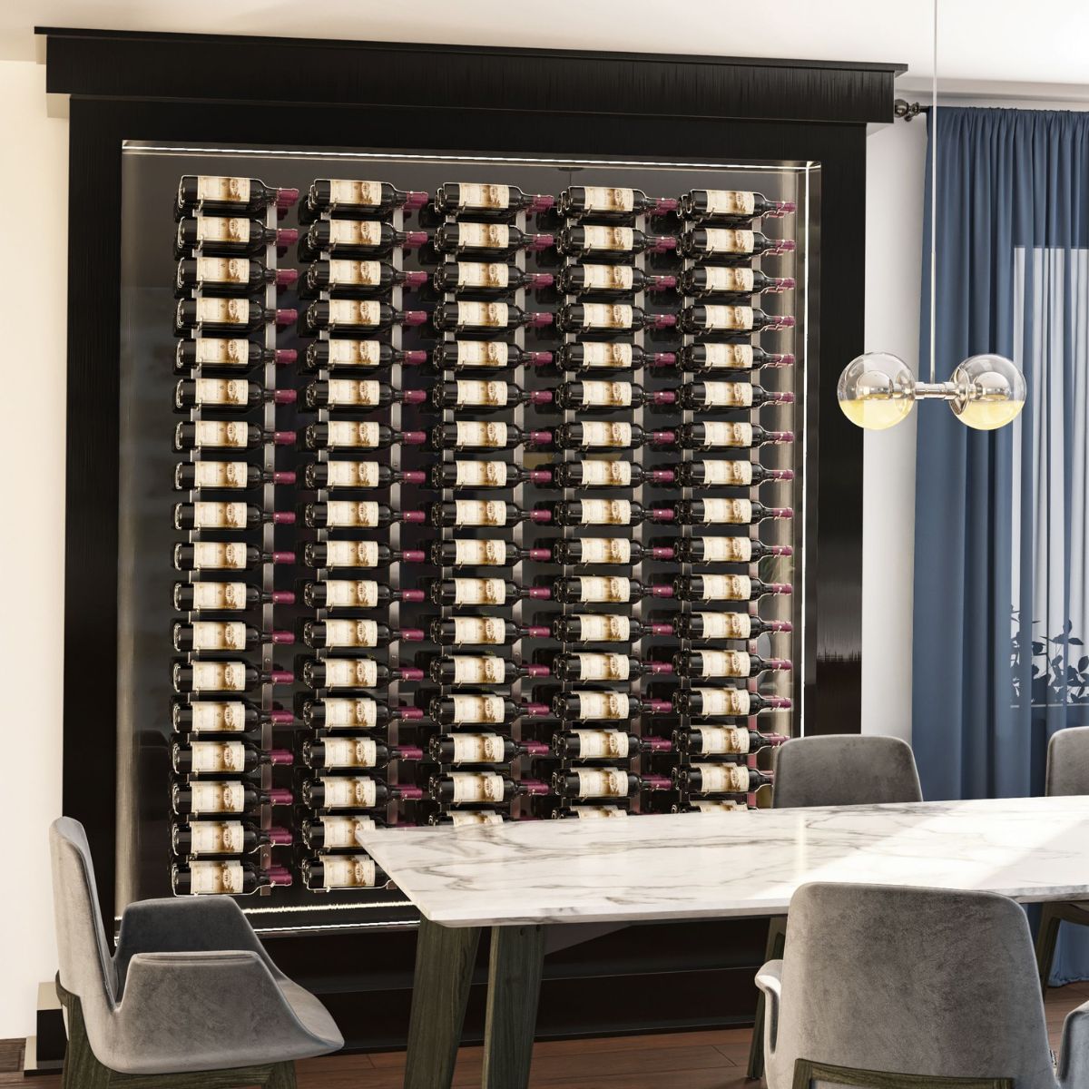VintageView 6 Foot wall mounted wine storage rack installed in a black framed feature wall behind a dining table with label forward wine display
