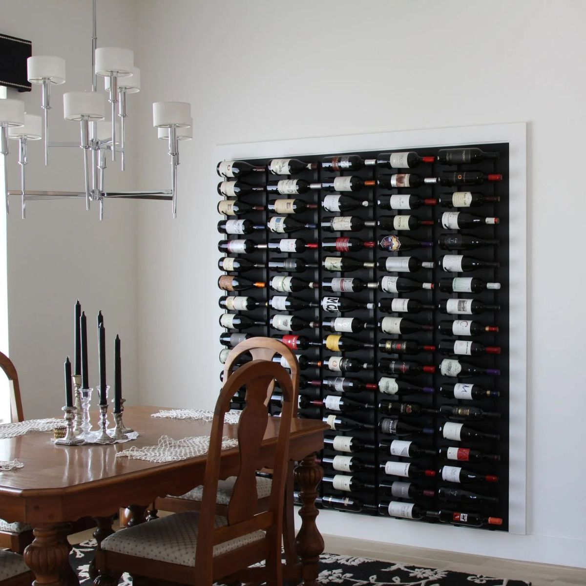 VintageView 6 Foot wall mounted wine storage rack installed as a feature wall in a formal dining room with label forward bottle display