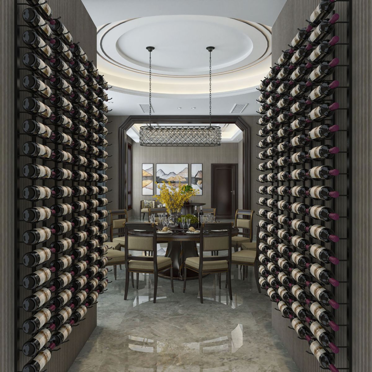 VintageView 6 Foot wall mounted wine storage rack used as a feature wall in a luxury dining room with symmetrical label forward bottle storage