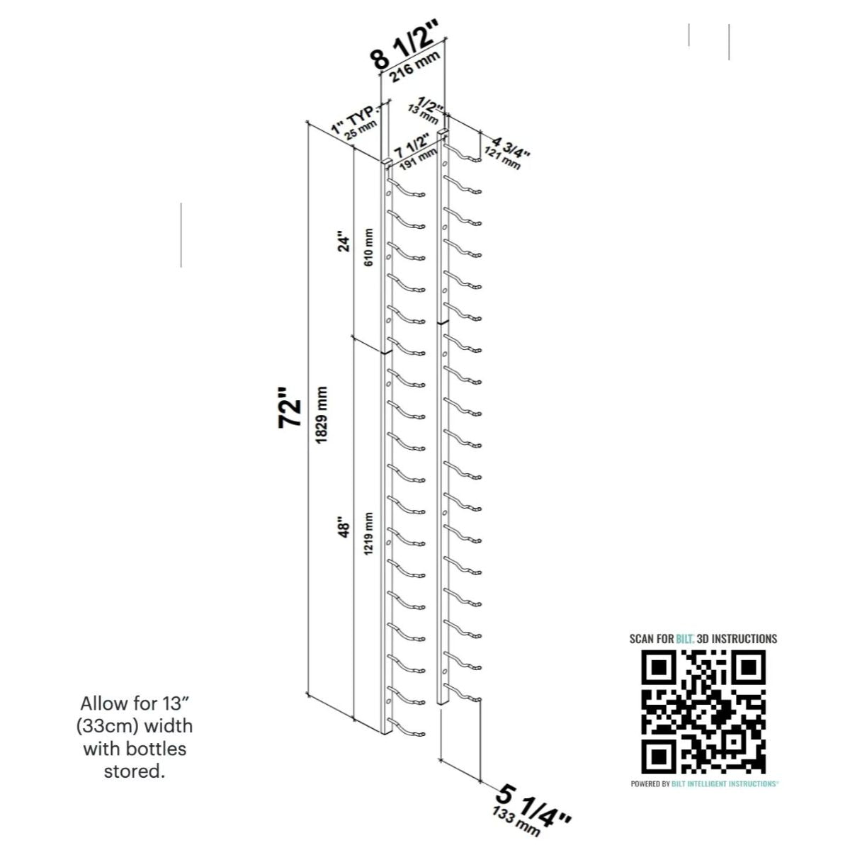 VintageView 6-Foot Wall-Mounted Wine Storage Rack Single Depth 18 Bottles Dimension Diagram