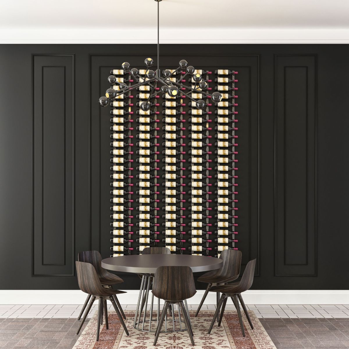 VintageView 7 Foot wall mounted wine storage rack installed on a black paneled dining room wall with label forward bottle display