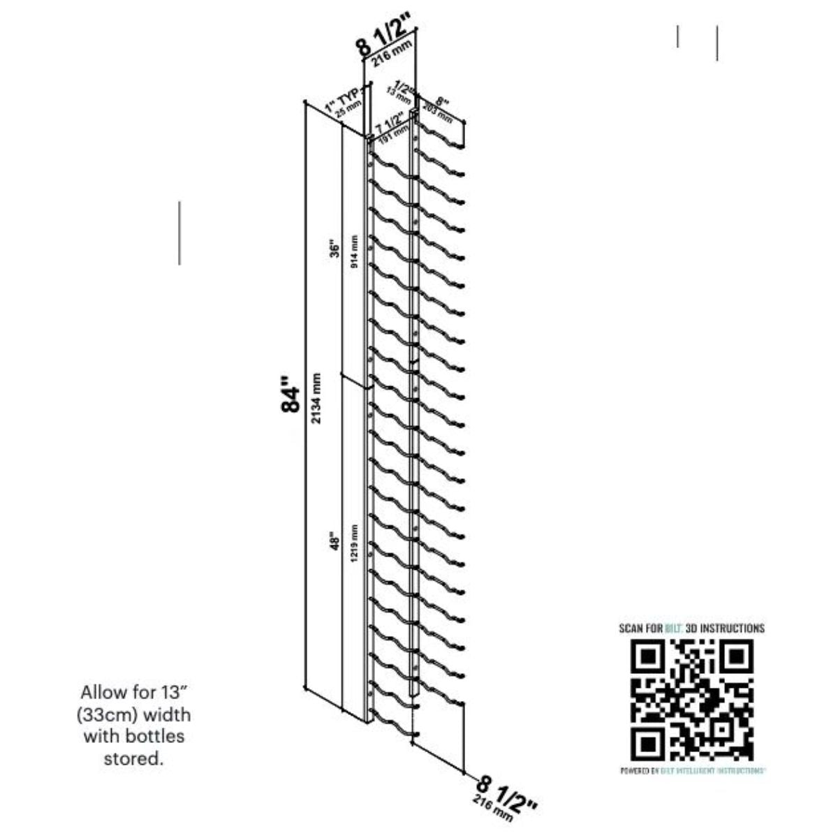 VintageView 7-Foot Wall-Mounted Wine Storage Rack Double Depth 42 Bottles Dimension Diagram