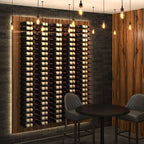 VintageView 7 Foot wall mounted wine storage rack used as a feature wall in a restaurant lounge with warm lighting and label forward bottles
