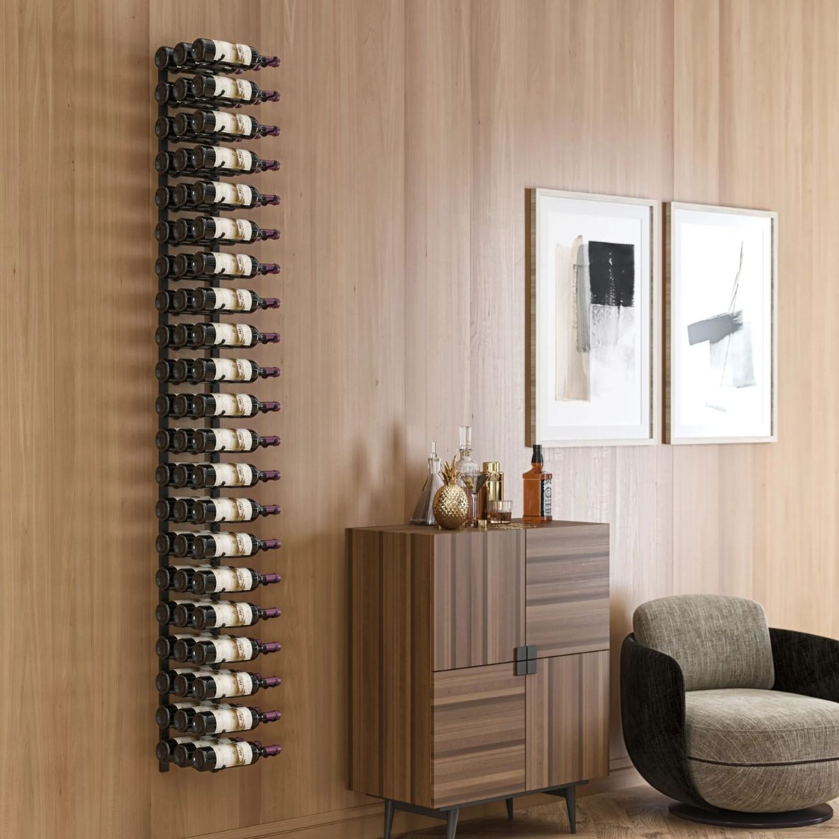 VintageView 7 Foot wall mounted wine storage rack installed vertically on a wood accent wall in a contemporary living space
