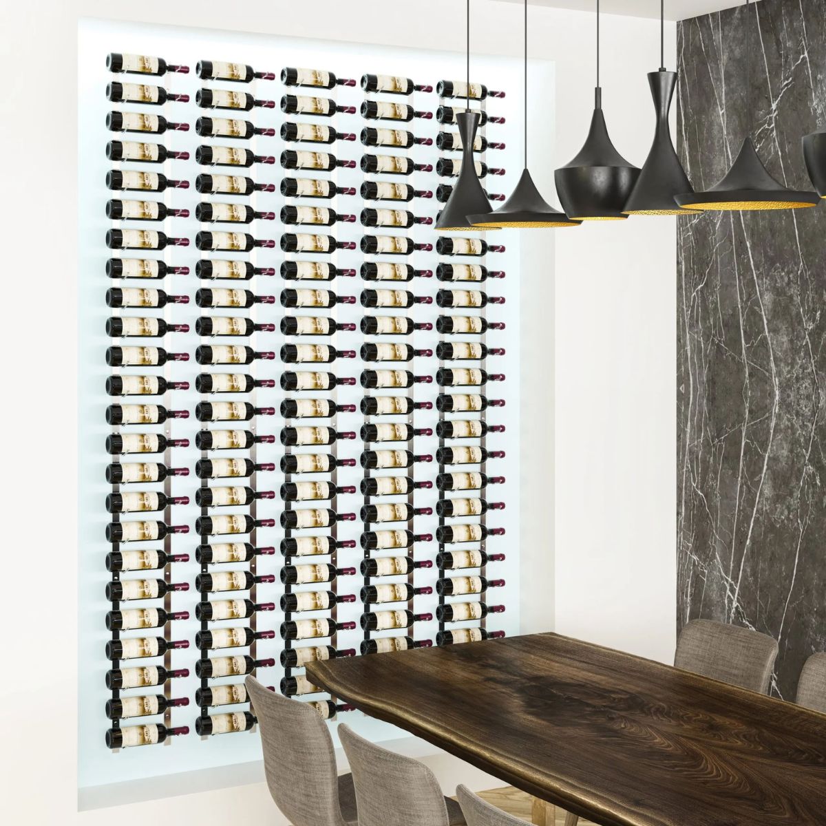 VintageView 8 Foot wall mounted wine storage rack installed in a dining room feature wall with symmetrical label forward bottles