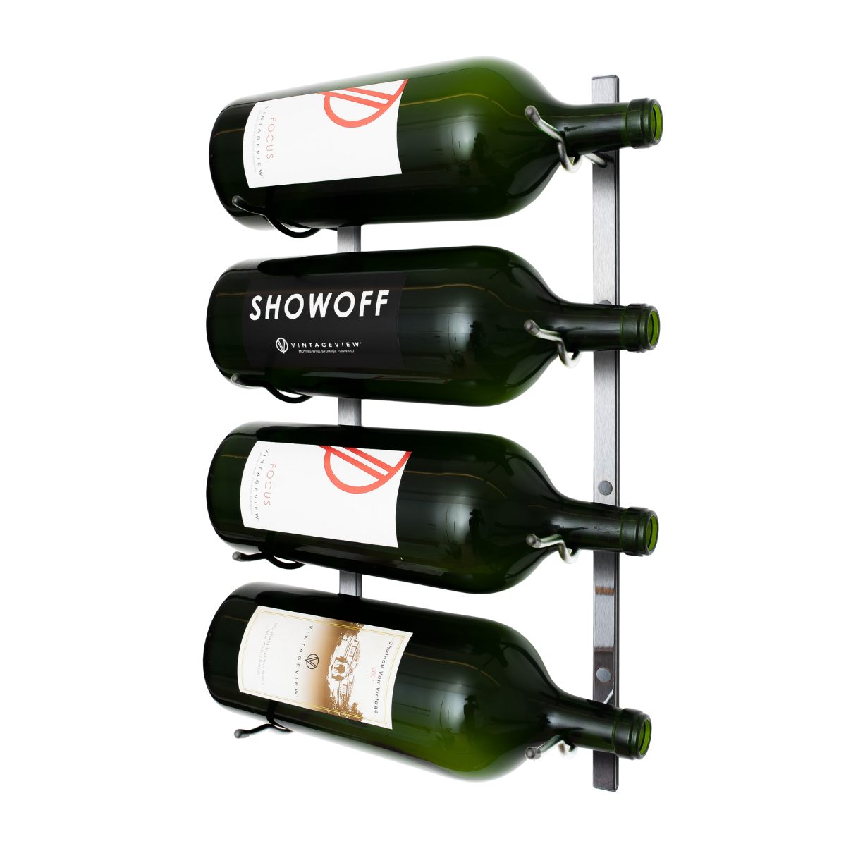 VintageView Big Bottle Wall-Mounted Wine Rack 4 Bottles Brushed Nickel Label Out Shown