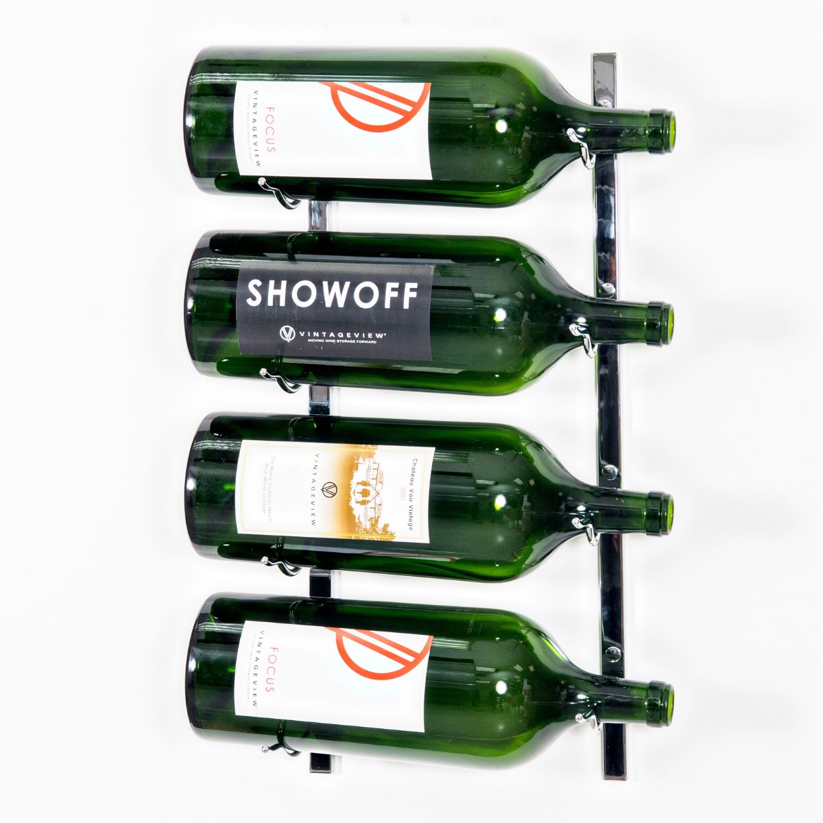 VintageView Big Bottle Wall-Mounted Wine Rack 4 Bottles Chrome Luxe Label Out Shown