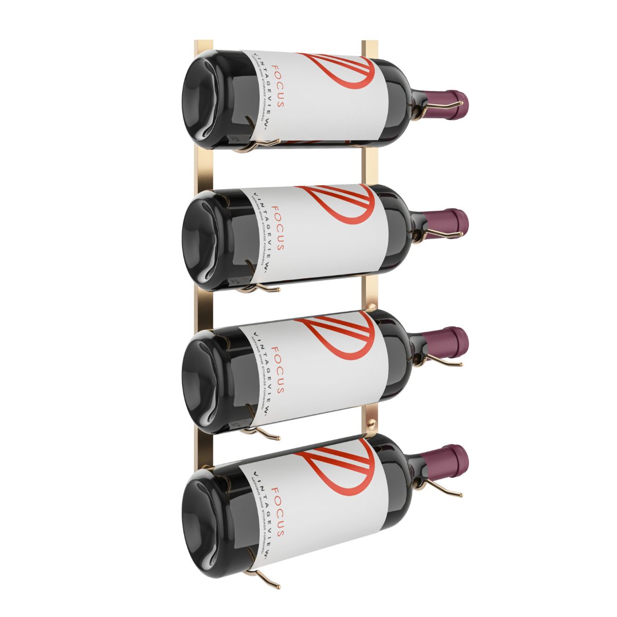 VintageView Big Bottle Wall-Mounted Wine Rack 4 Bottles Golden Bronze Label Out Shown