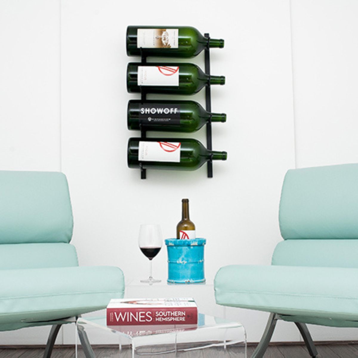 VintageView Big Bottle wall mounted wine rack installed in a modern living room