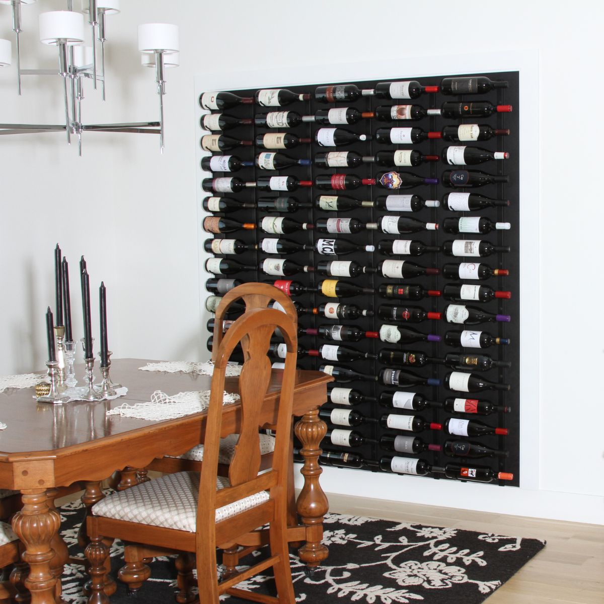 VintageView Feature Wall 6-foot wine rack kit installed as a dining room feature wall with label-forward bottle storage