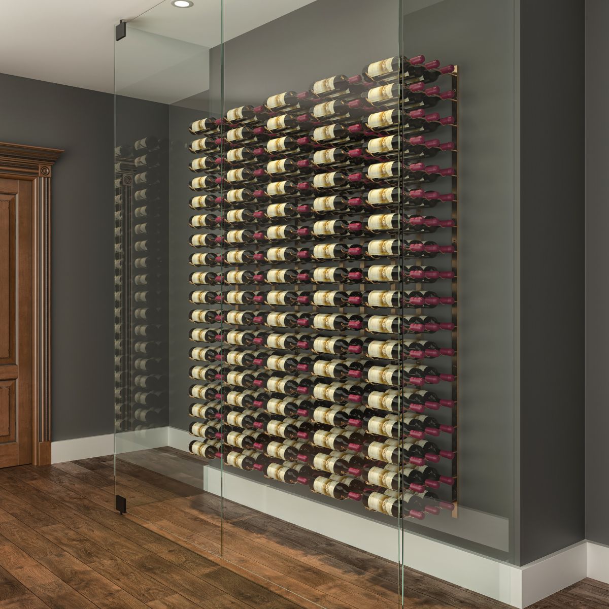 VintageView Feature Wall 6-foot wine rack kit installed as a full glass wall wine storage feature with label-forward bottles