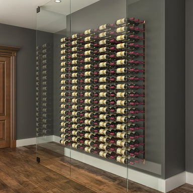 VintageView Feature Wall 6-foot wine rack kit installed as a full glass wall wine storage feature with label-forward bottles
