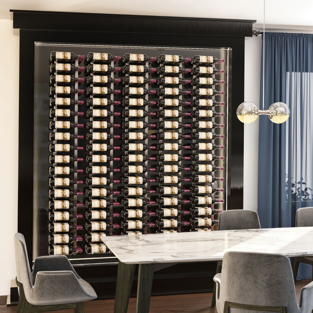 VintageView Feature Wall 6-foot wine rack kit installed behind glass as a modern feature wall wine display