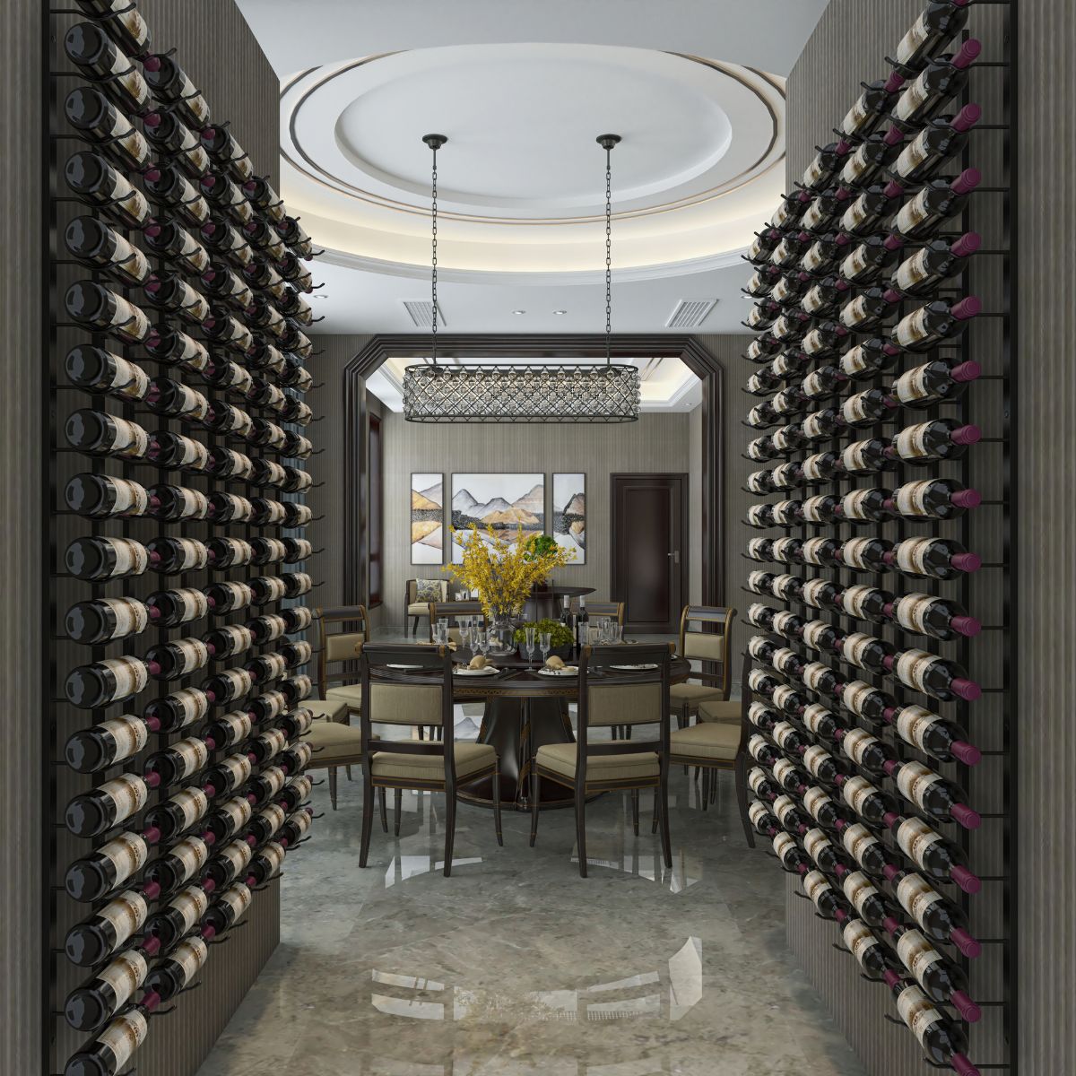 VintageView Feature Wall 6-foot wine rack kit creating a luxury dining room wine wall with symmetrical bottle storage