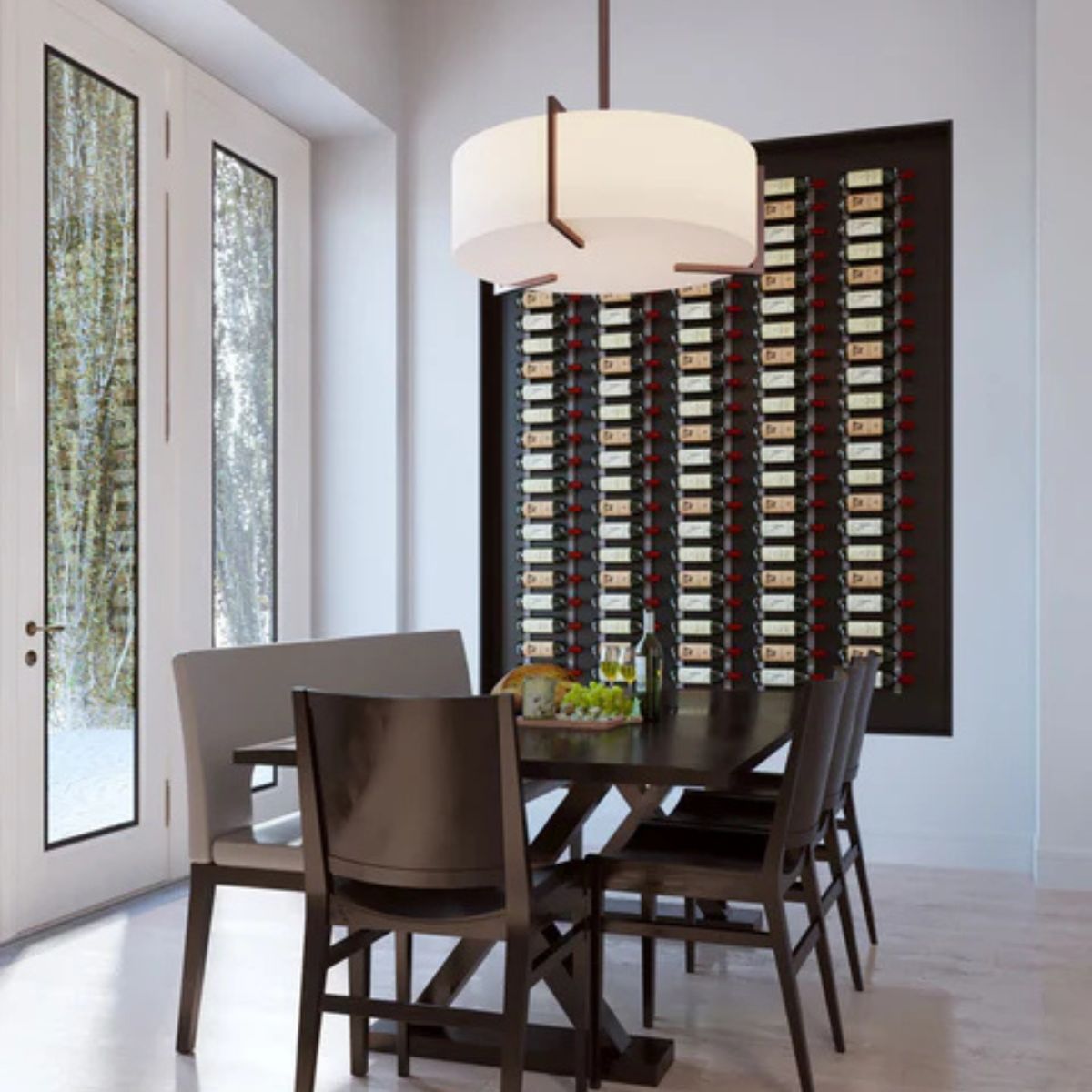 VintageView Feature Wall 7 foot wall mounted wine rack installed behind a dining table creating a residential wine display wall