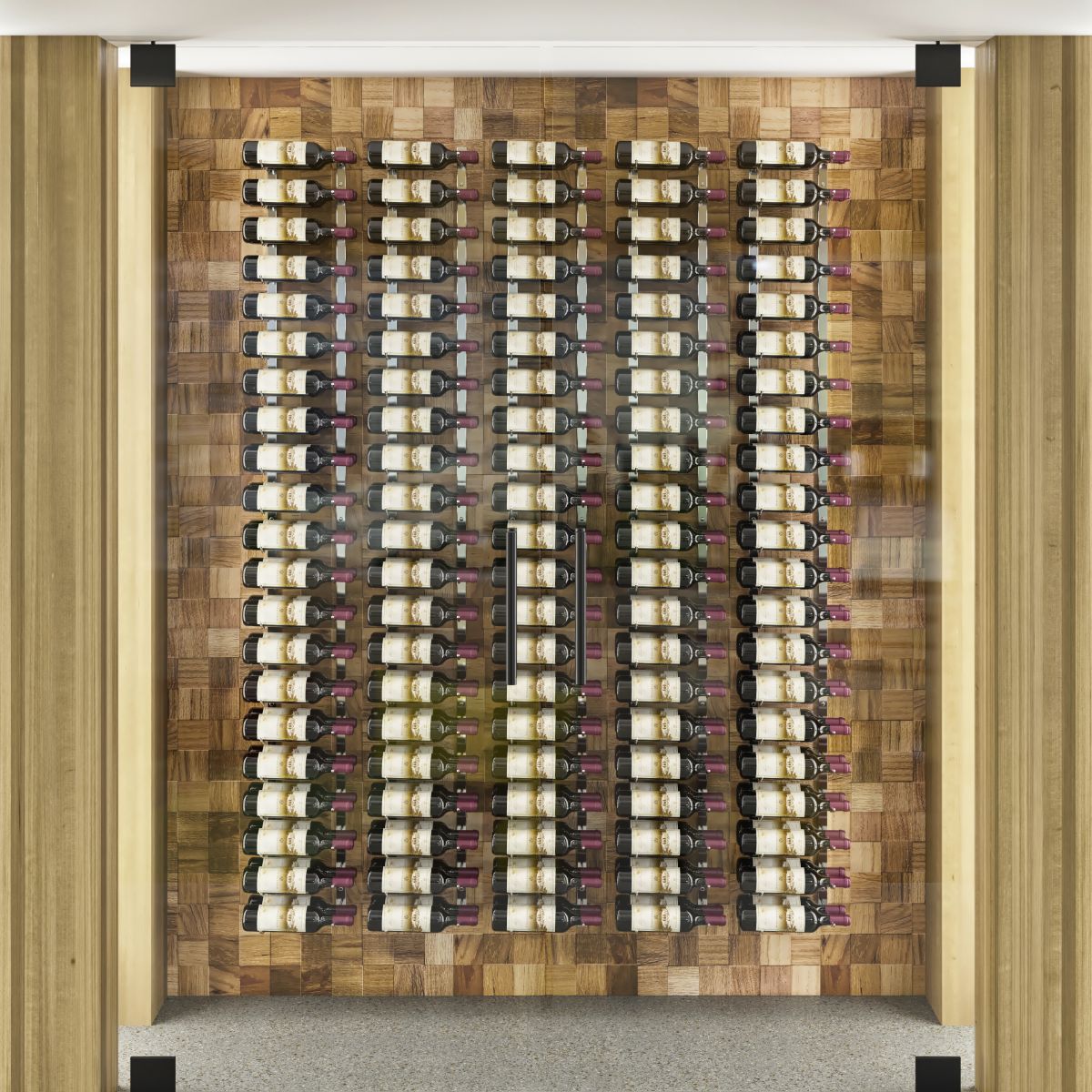 VintageView Feature Wall 7 foot wall mounted wine rack installed on a wood tile feature wall with vertical label forward wine storage