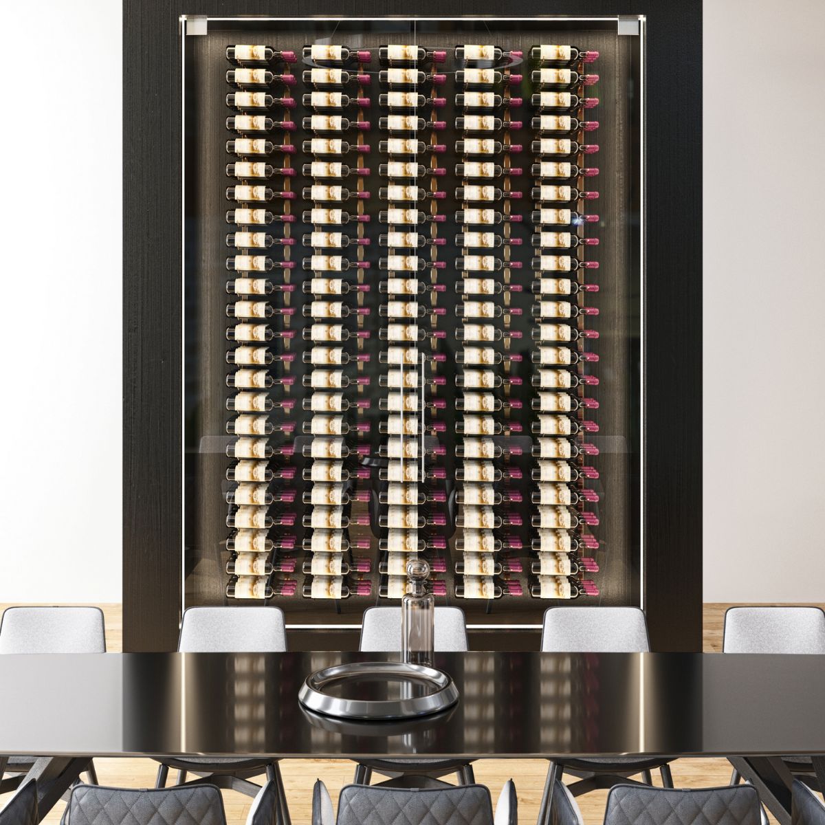 VintageView Feature Wall 8 Foot wine rack kit displayed behind glass in a luxury dining room with floor to ceiling wine storage