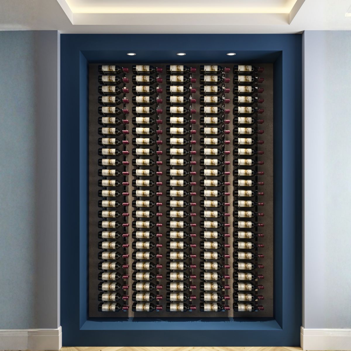 VintageView Feature Wall 8 Foot wine rack kit installed in a recessed blue accent wall with label forward bottle display