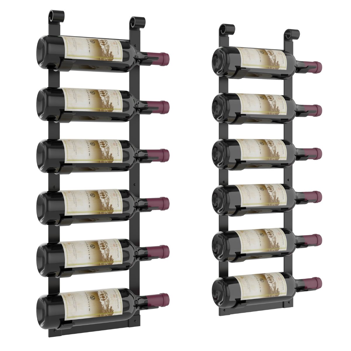 VintageView Le Rustique wall mounted metal wine rack holding 12 wine bottles in black finish