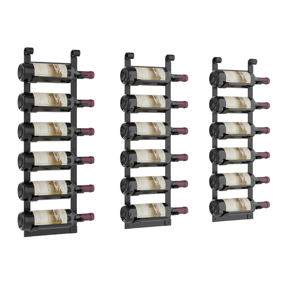 VintageView Le Rustique wall mounted metal wine rack holding 18 wine bottles in black finish