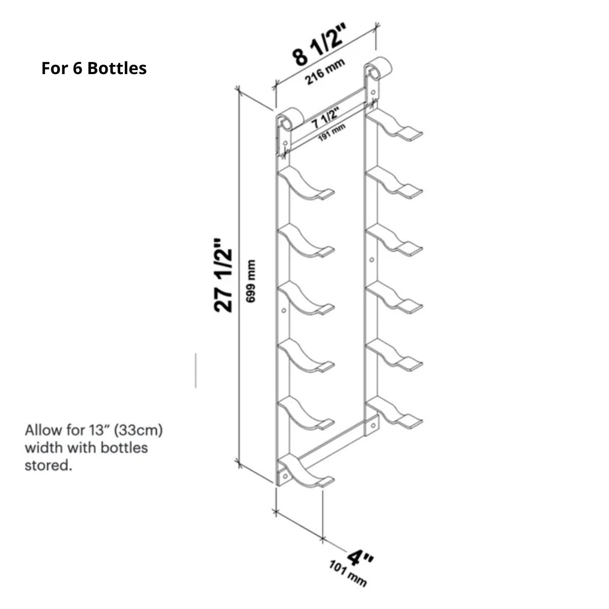 VintageView Le Rustique wall mounted metal wine rack dimensions for 6 bottles