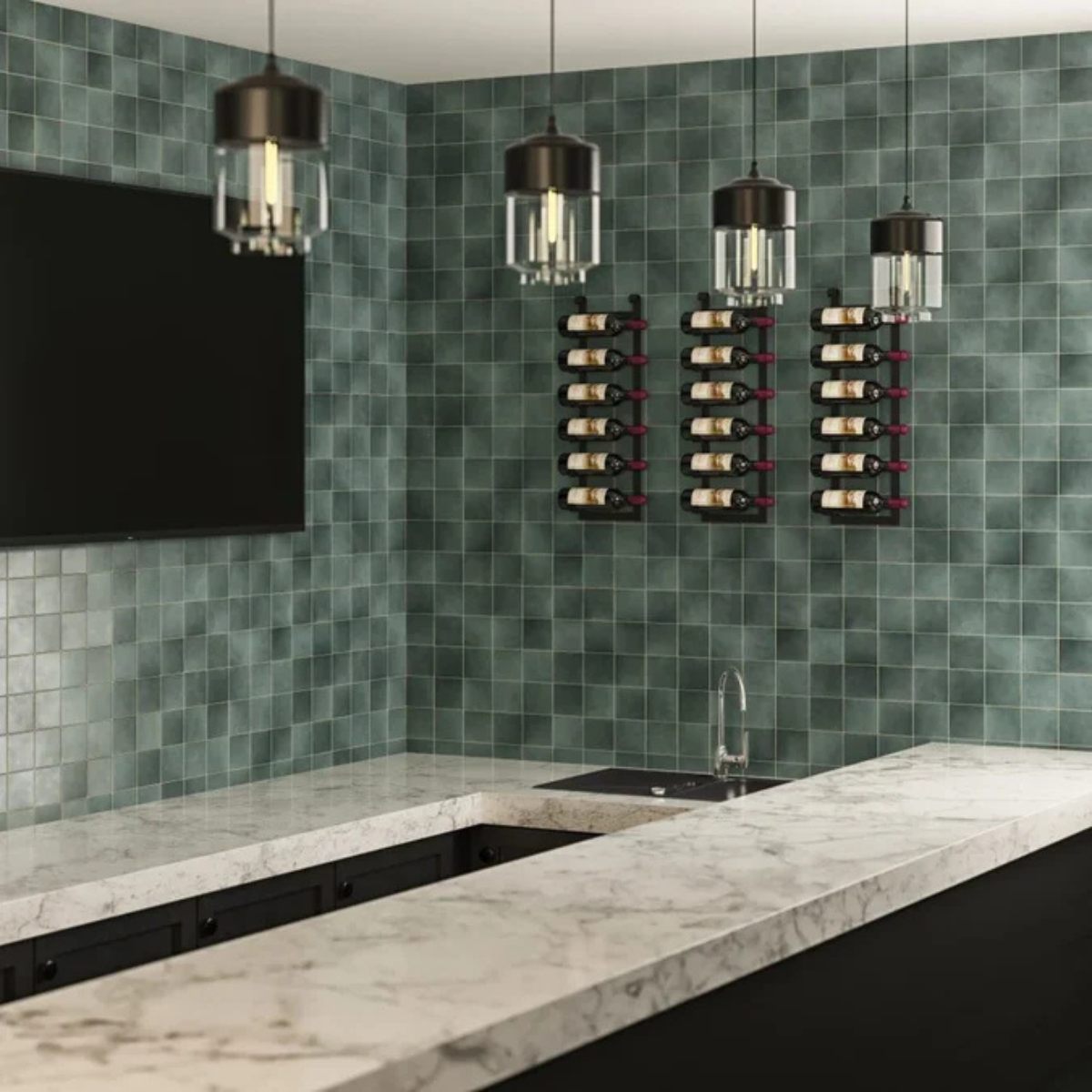 VintageView Le Rustique wall mounted metal wine racks installed in a modern kitchen bar area