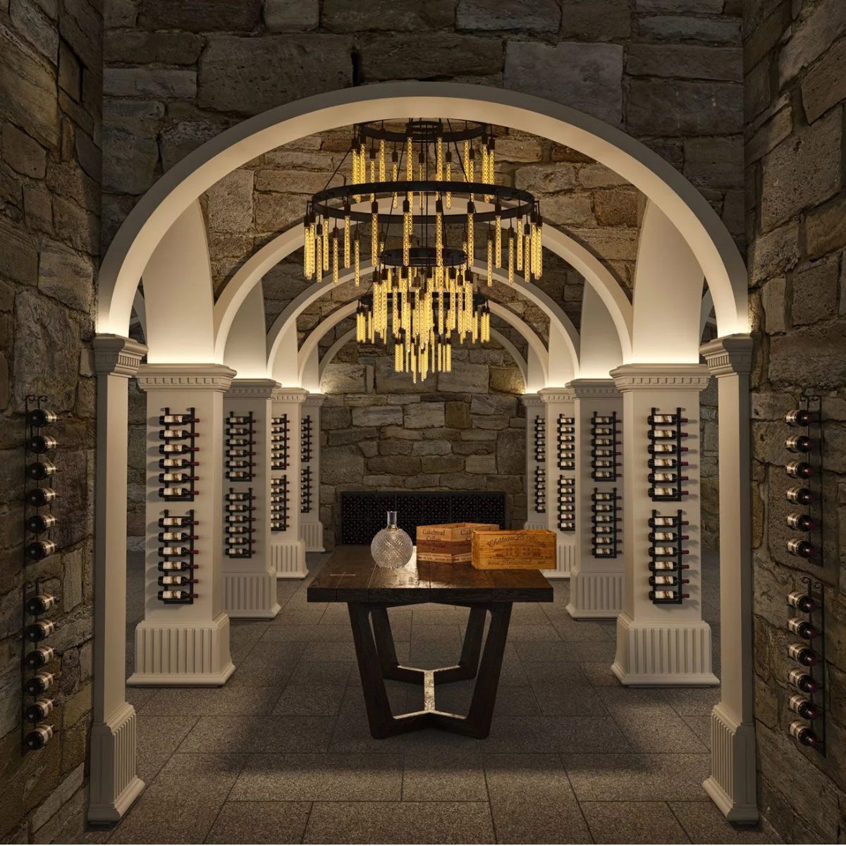 VintageView Le Rustique wall mounted metal wine racks installed in a luxury wine cellar