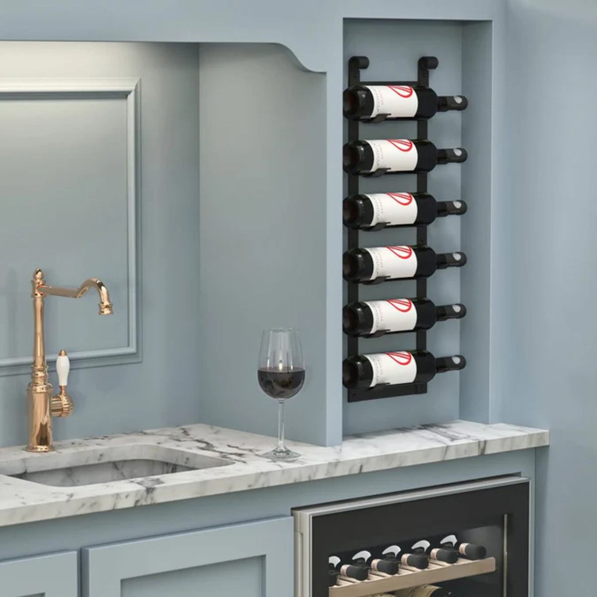 VintageView Le Rustique wall mounted metal wine rack installed in a recessed kitchen