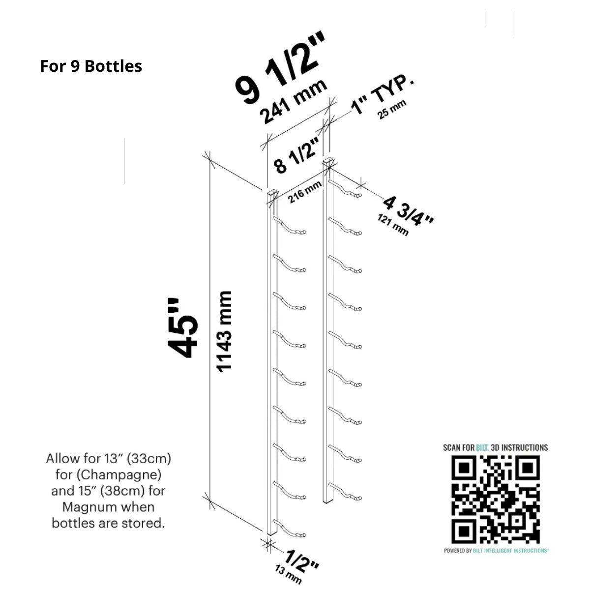 VintageView Magnum and Champagne wall mounted wine rack dimensions for 9 bottles