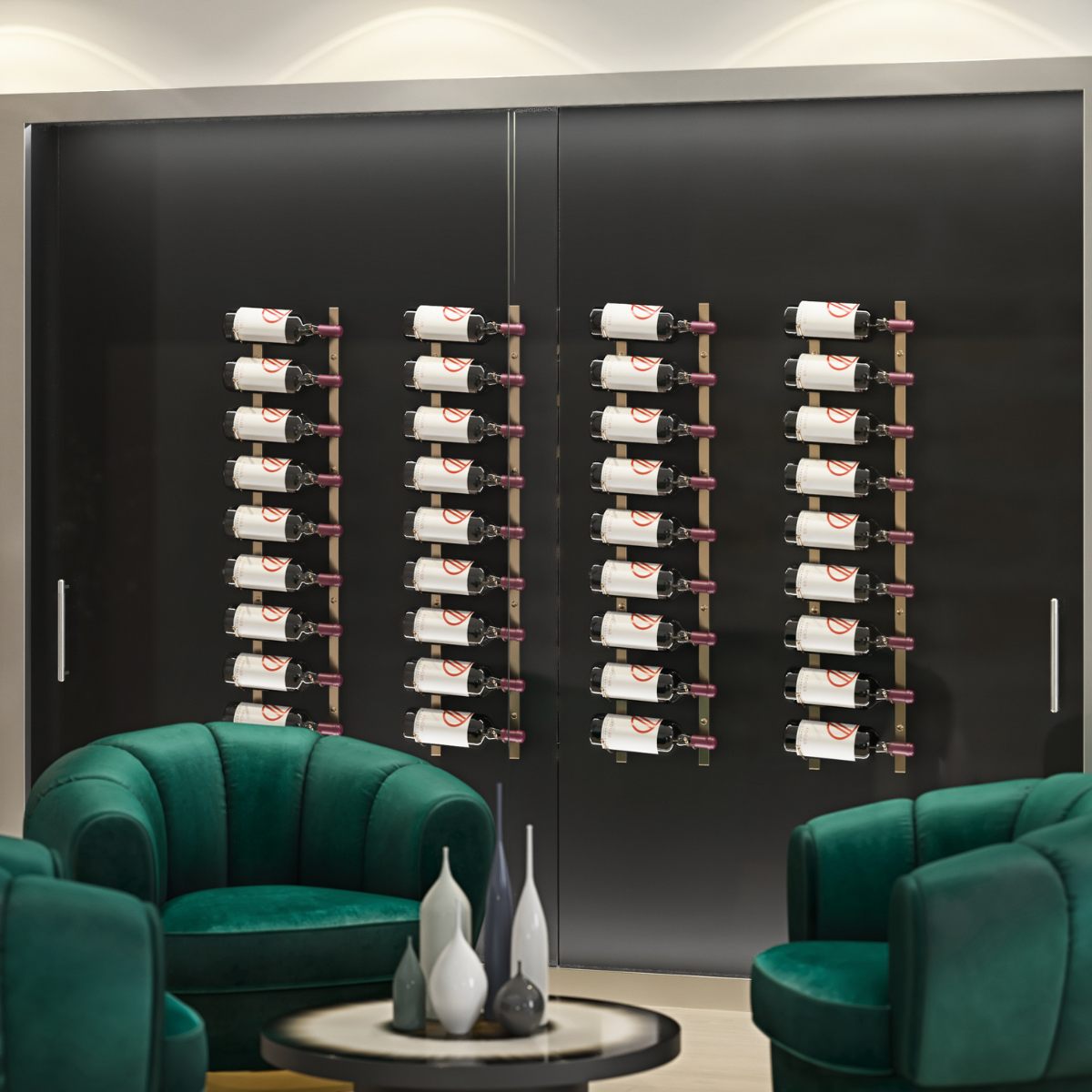 VintageView Magnum and Champagne wall mounted wine racks installed in a modern lounge
