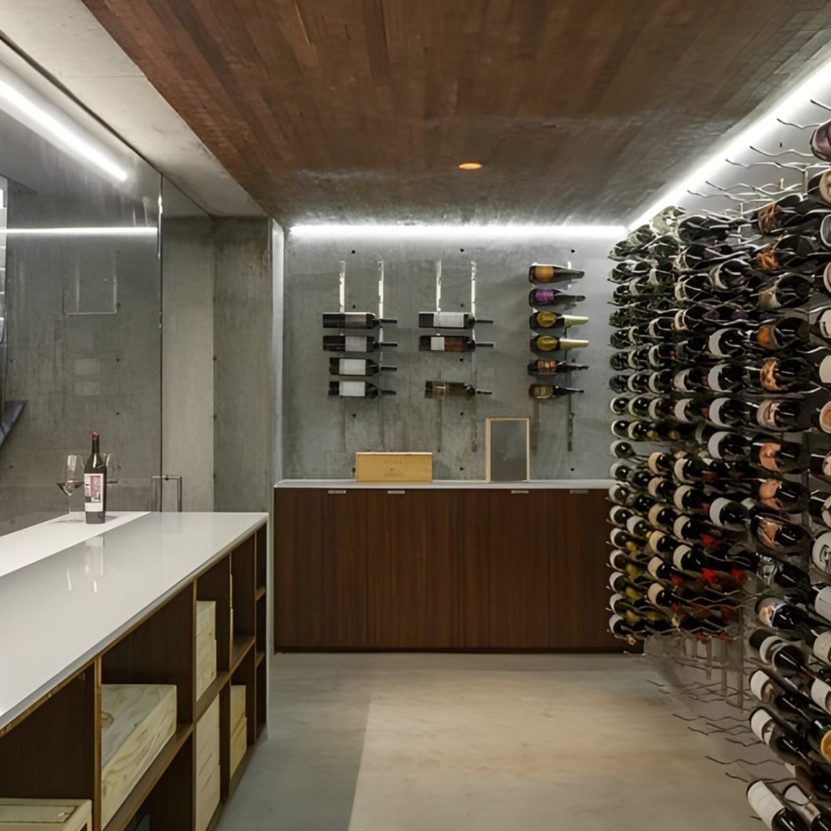 VintageView Magnum and Champagne wall mounted wine racks in a contemporary wine cellar