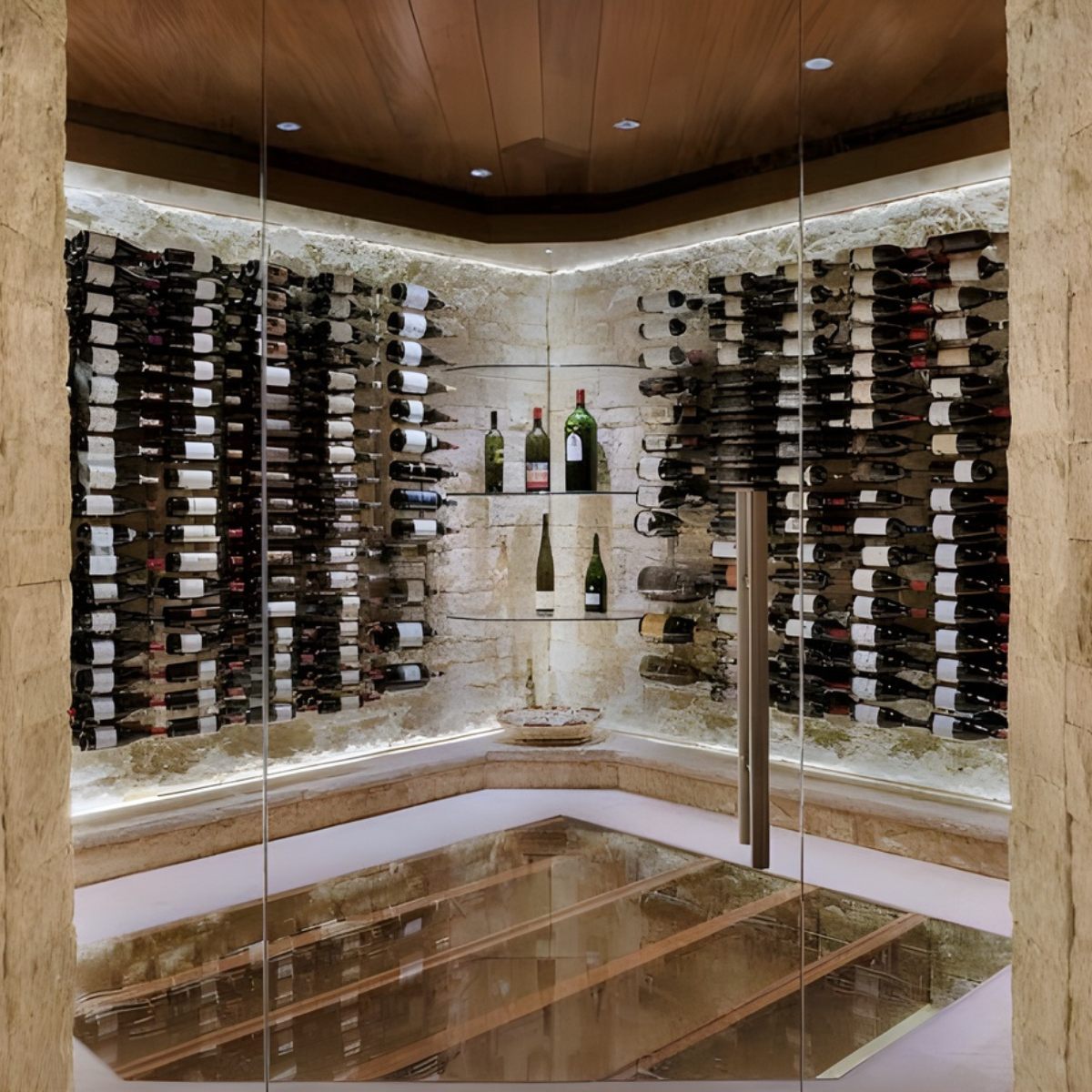 VintageView Magnum and Champagne wall mounted wine racks installed in a luxury wine cellar