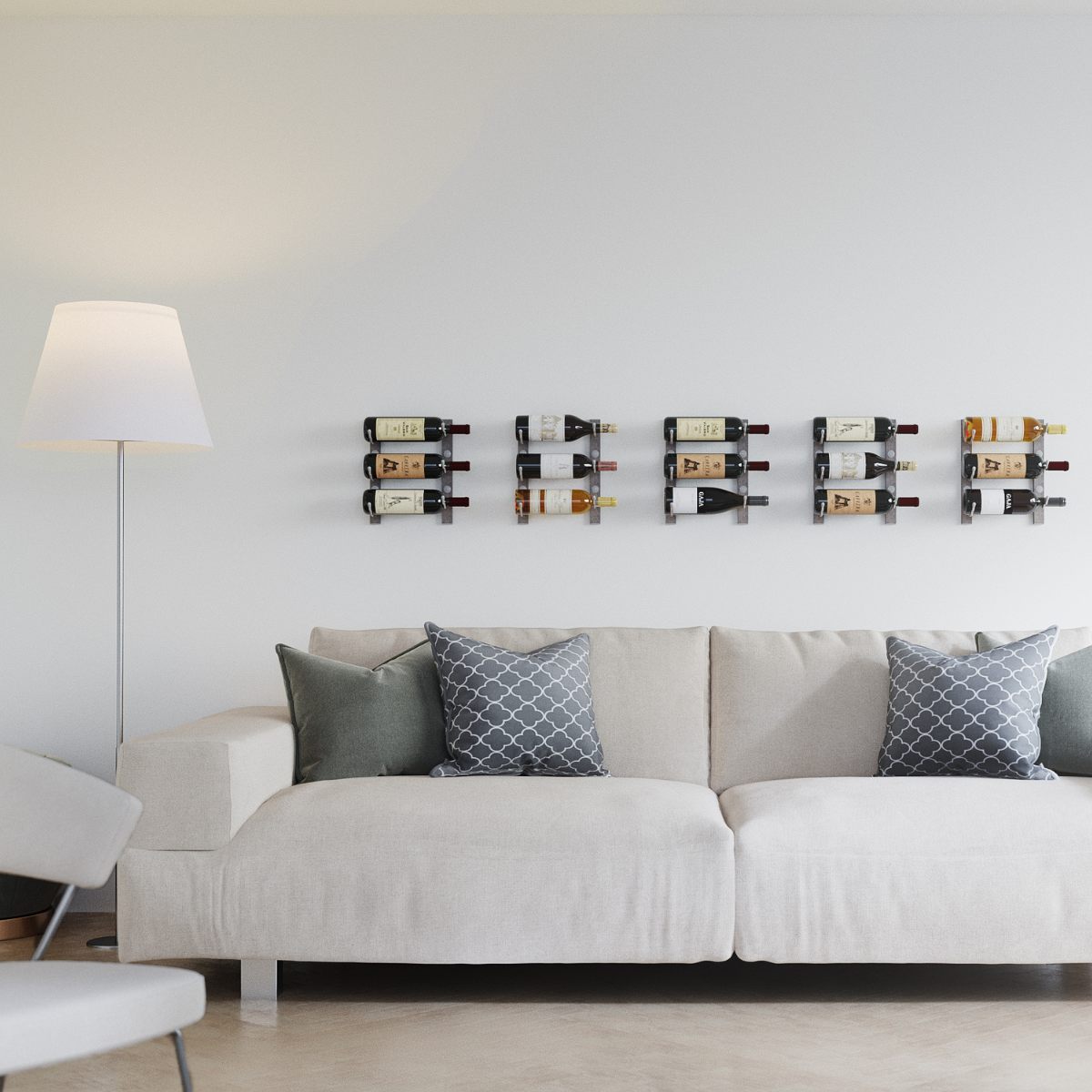 VintageView Over the Couch wall mounted wine rack single deep 15 bottles installed above a sofa in a modern living room