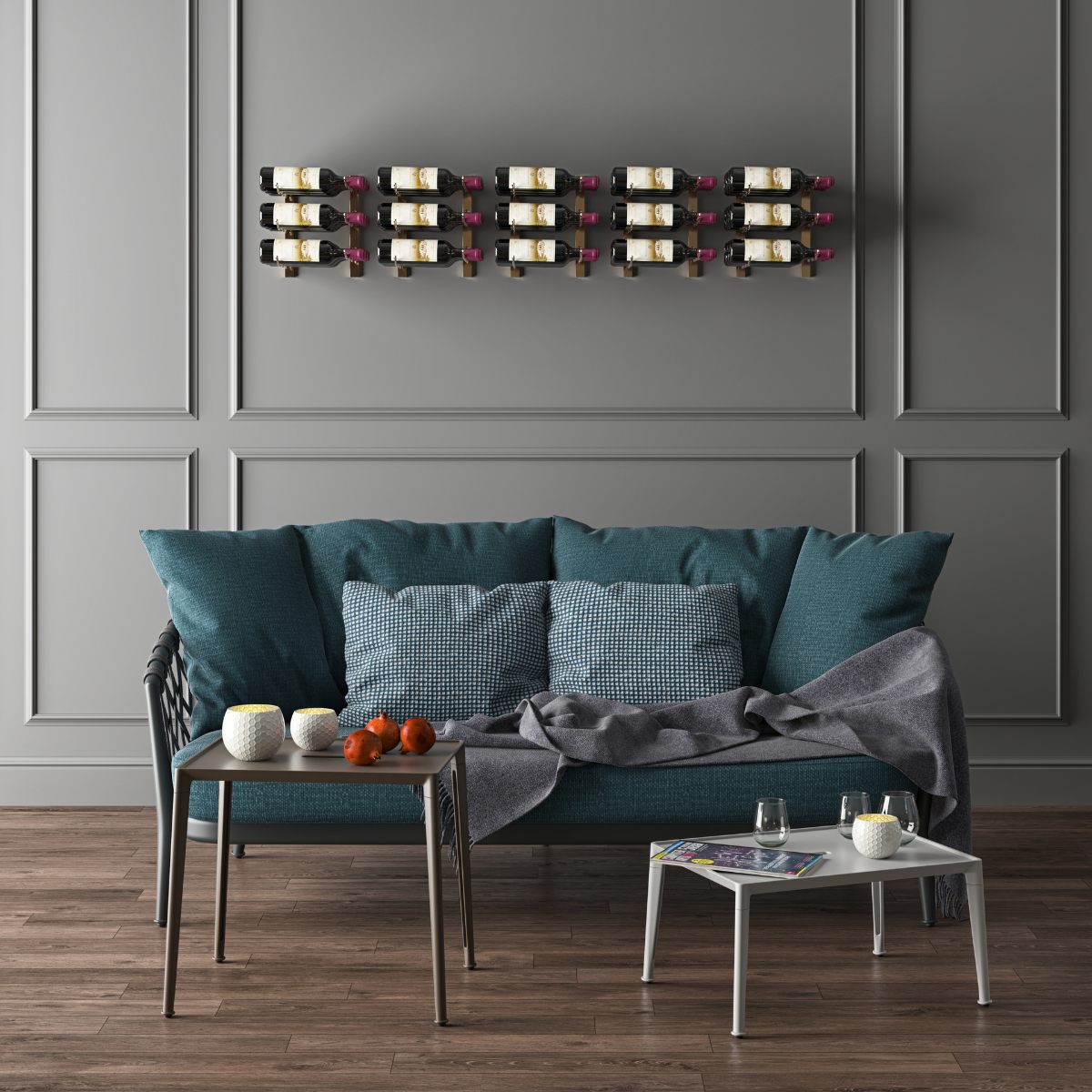 VintageView Over the Couch wall mounted wine rack triple deep 45 bottles installed on a dark accent wall above seating