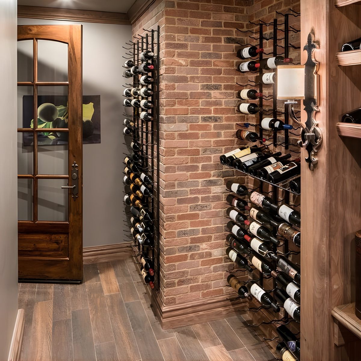 VintageView Presentation Row Display wall mounted wine rack installed on a brick wine cellar wall