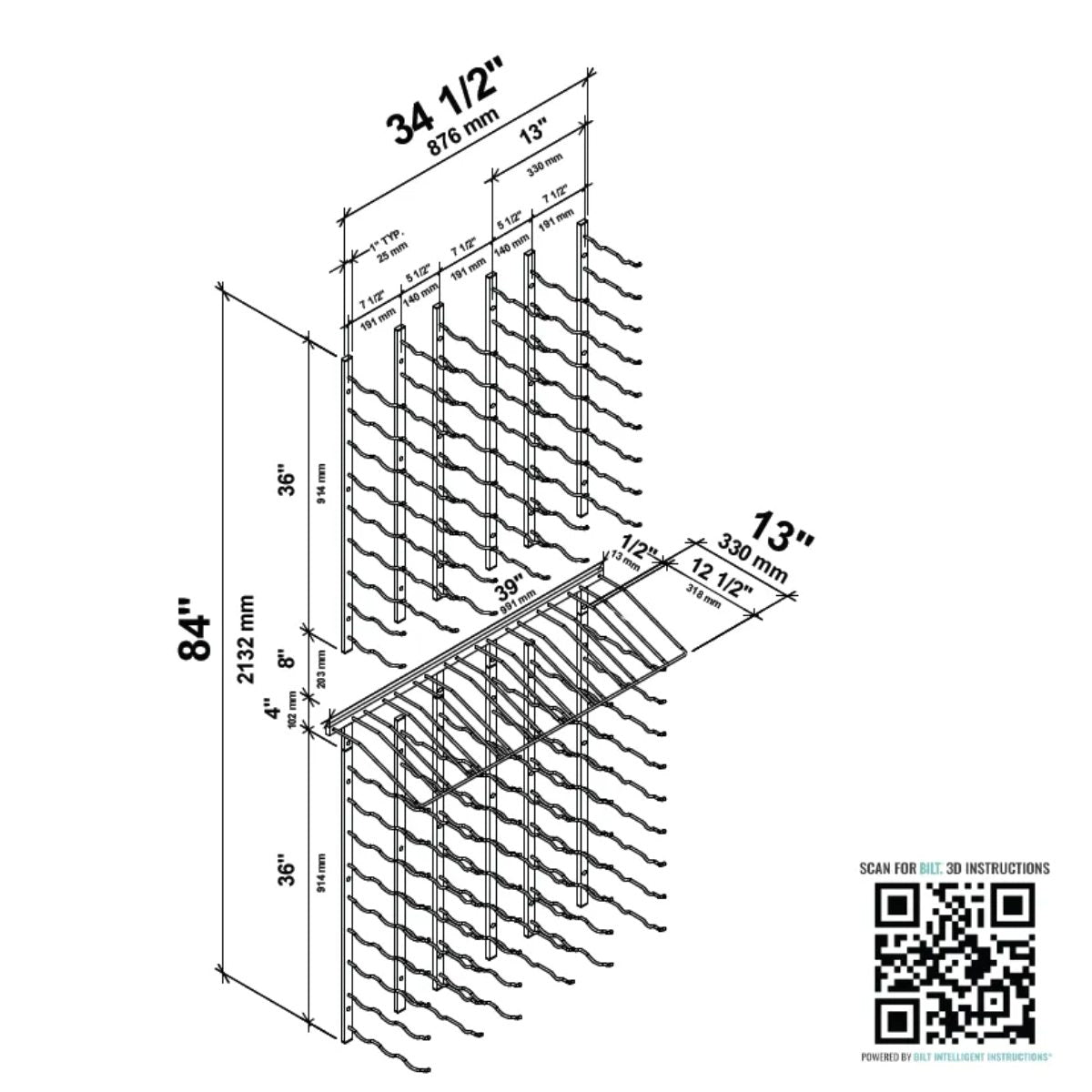 VintageView Presentation Row Display wall mounted wine rack kit dimension diagram