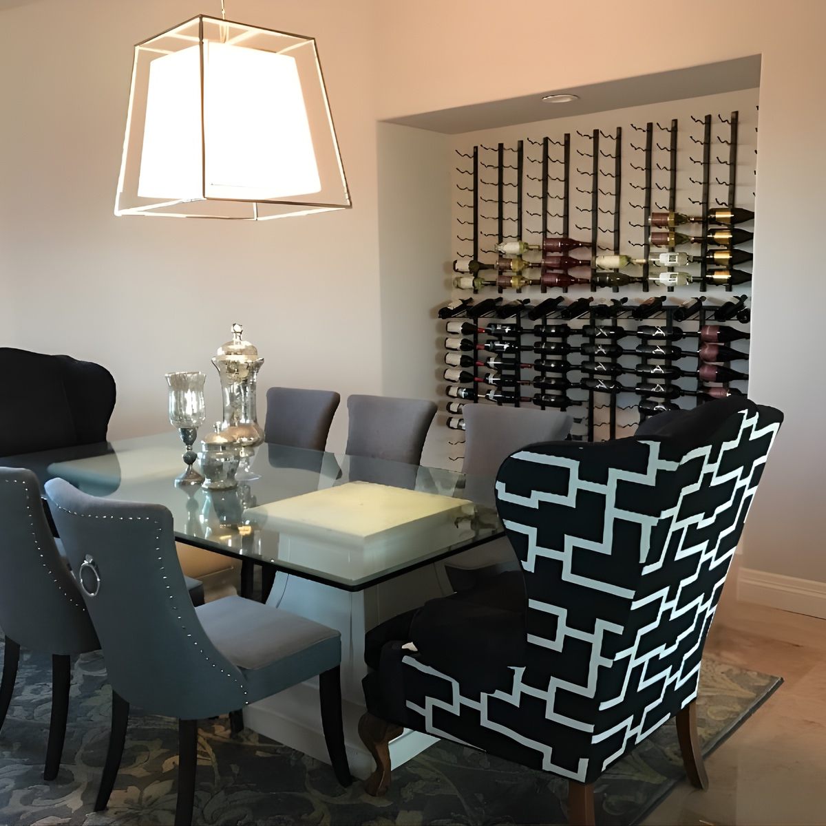 VintageView Presentation Row Display wall mounted wine rack installed in a modern dining room