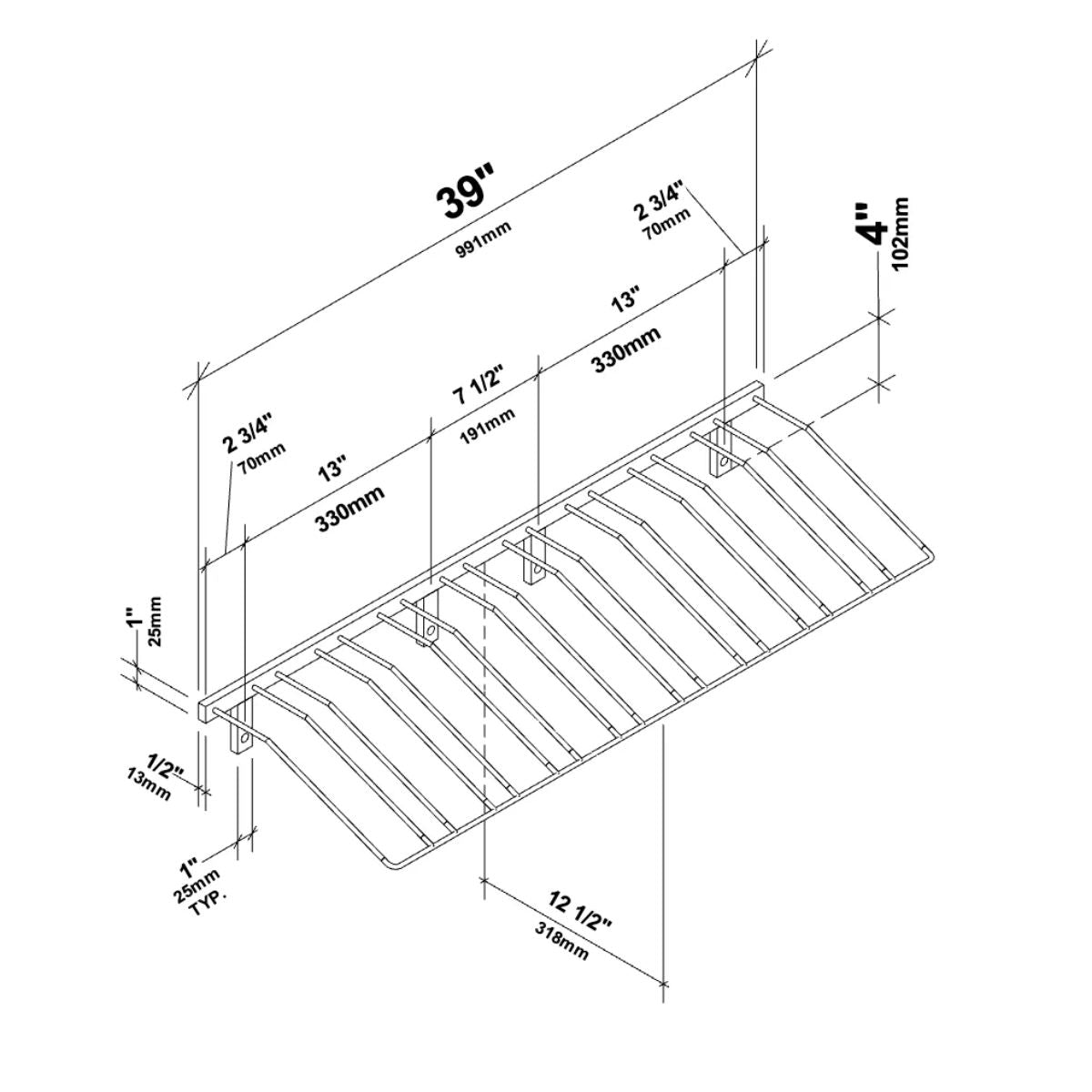 VintageView Presentation Row Wall-Mounted Wine Rack 9 Bottles Dimensions Diagram Shown