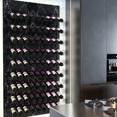 VintageView Presentation Row wall mounted wine rack installed in a modern kitchen with full height wine wall display