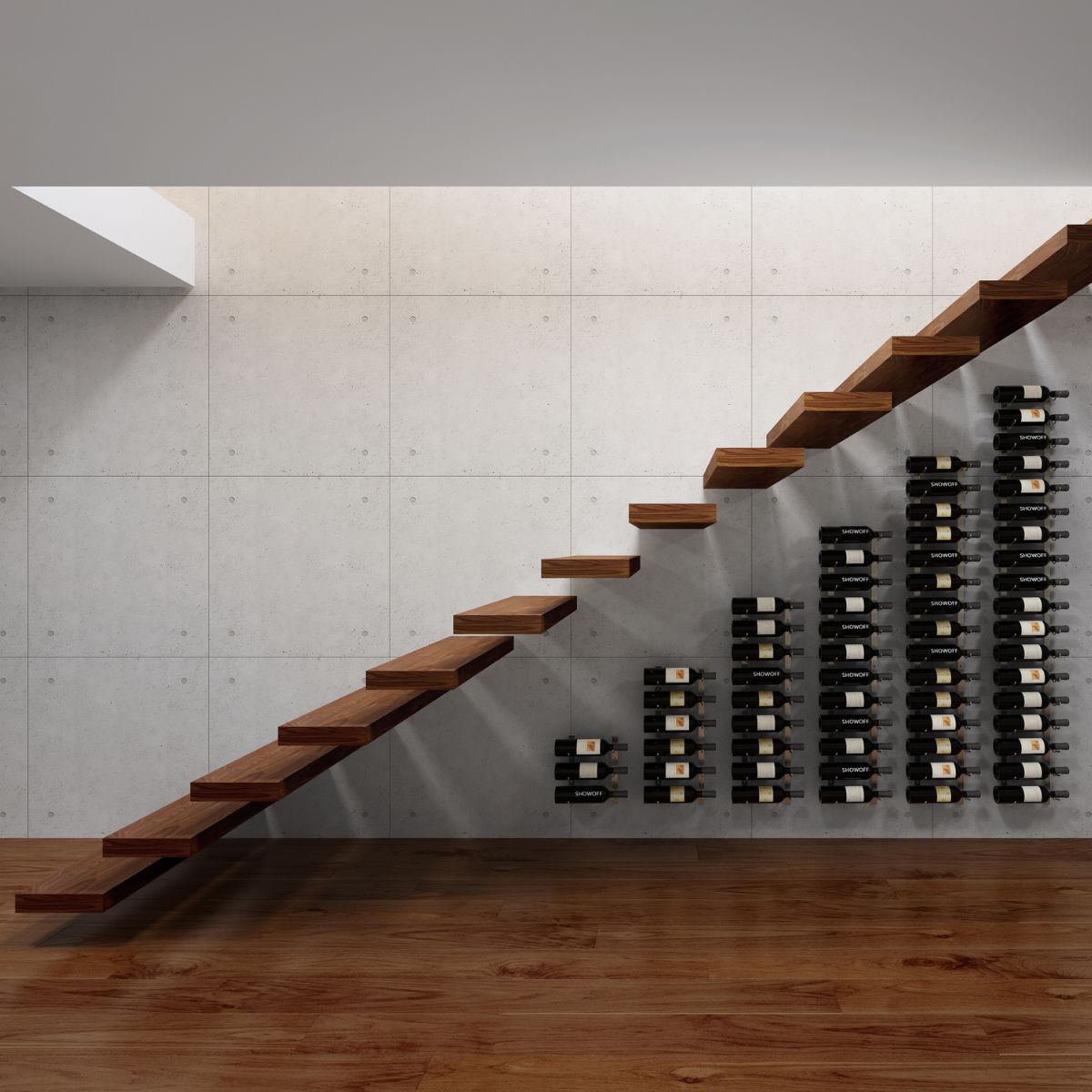 VintageView under the stairs wall mounted wine rack installed on a concrete wall beneath floating stairs