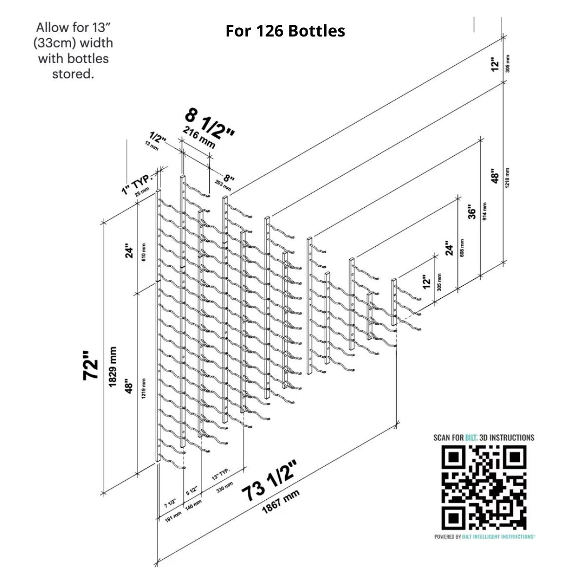 VintageView Under the Stairs Wall-Mounted Wine Rack Double Depth 126 Bottles Dimensions Diagram