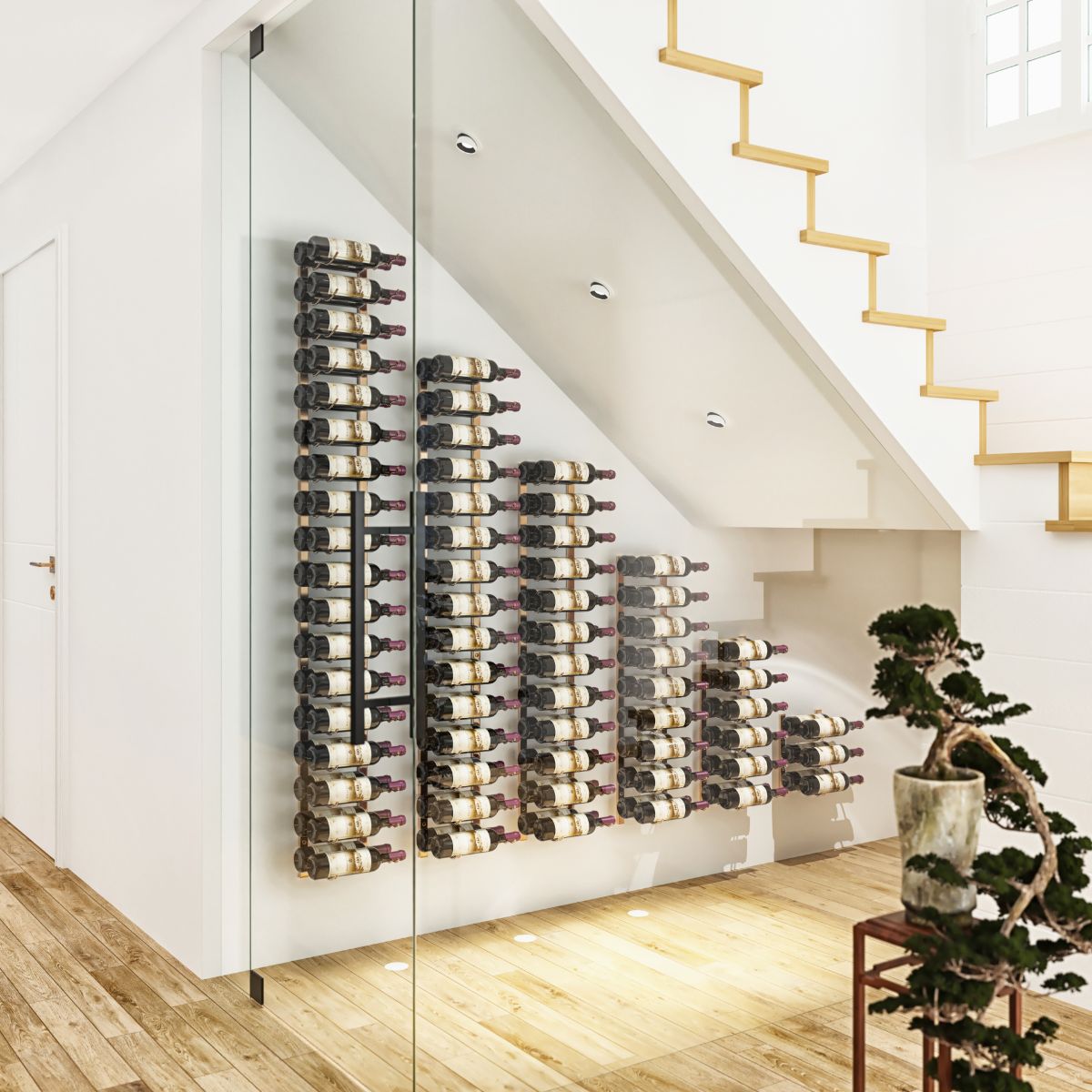 VintageView under the stairs wall mounted wine rack displayed inside a glass enclosed staircase wine feature
