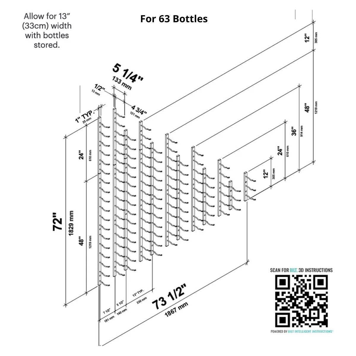 VintageView Under the Stairs Wall-Mounted Wine Rack Single Depth 63 Bottles Dimensions Diagram