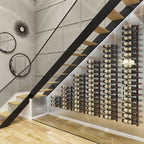 VintageView under the stairs wall mounted wine rack installed along a modern staircase with label forward bottle storage