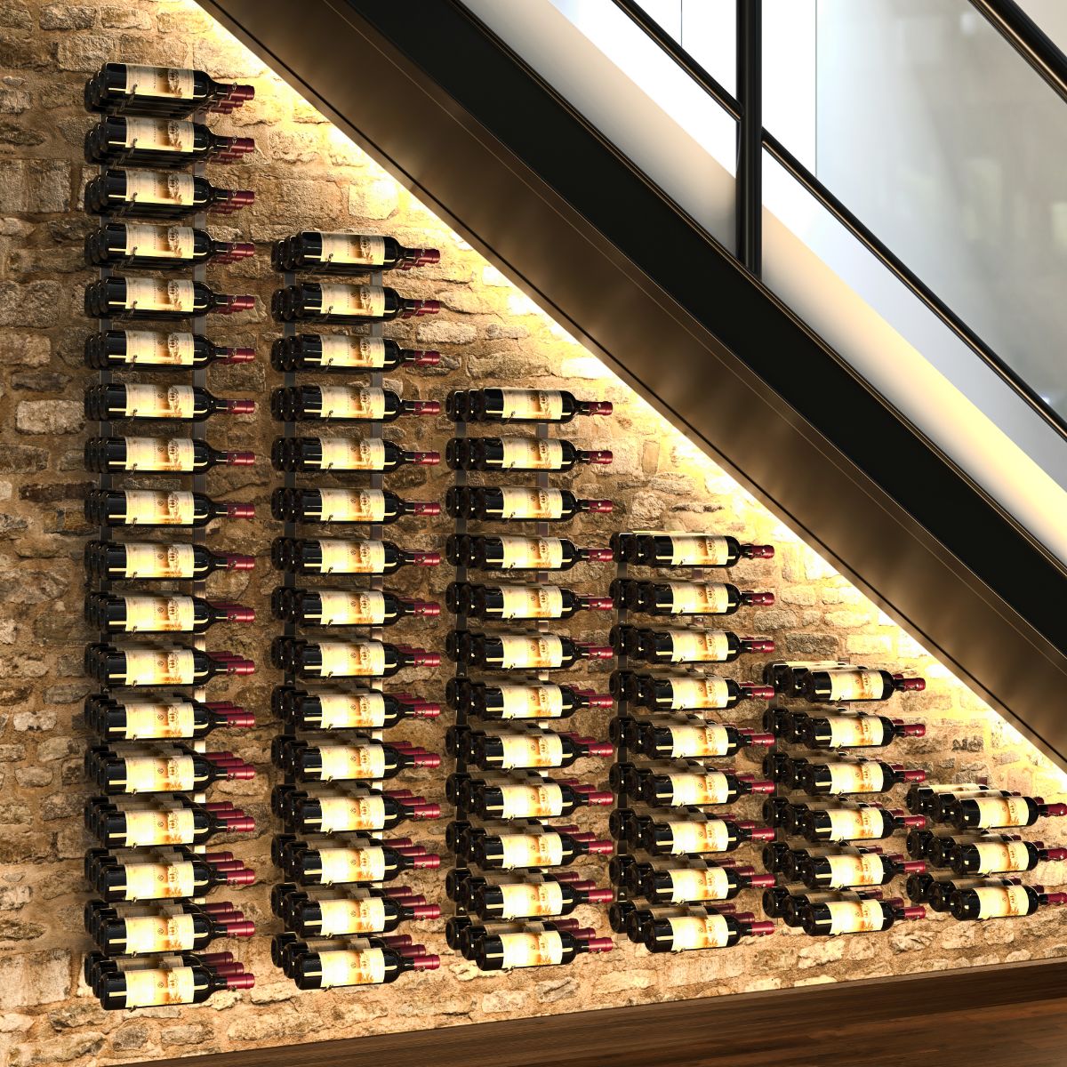 VintageView under the stairs wall mounted wine rack installed on a stone wall with multi column bottle storage